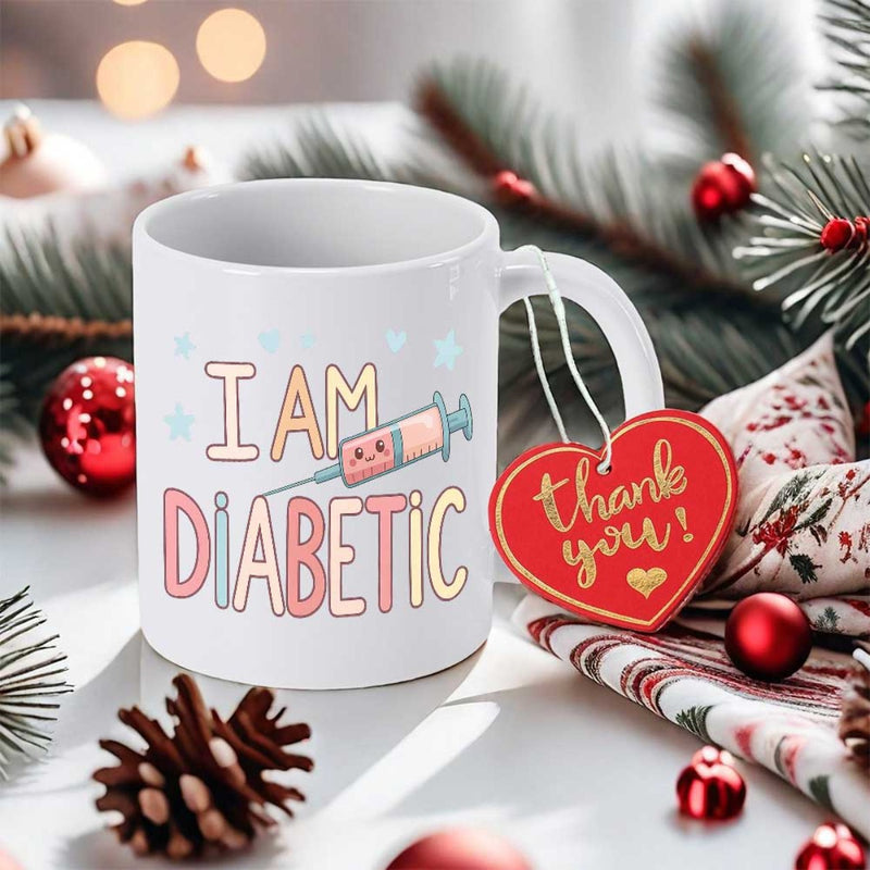 Tailorly White Ceramic 11 oz Mug - I Am Diabetic Cute Syringe With Kawaii Face Surrounded By Soft Pastel Blue Sparkles Mug