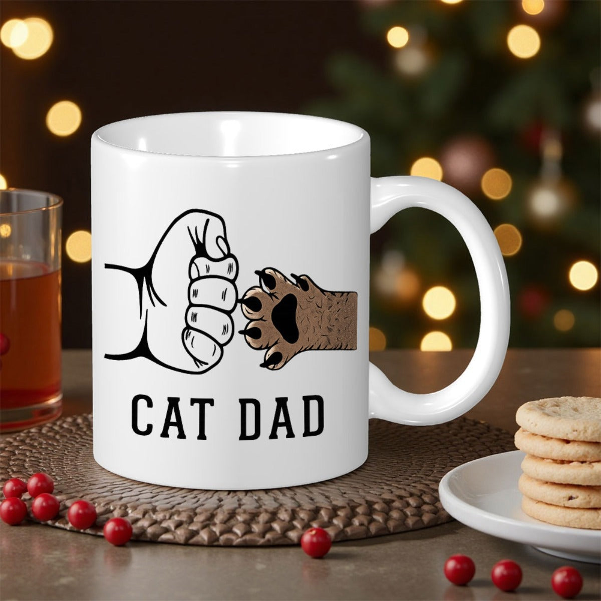Tailorly White Ceramic 11 oz Mug - Cat Dad Human Hand And Brown Furry Pet Paw Doing A Fist Bump Cat