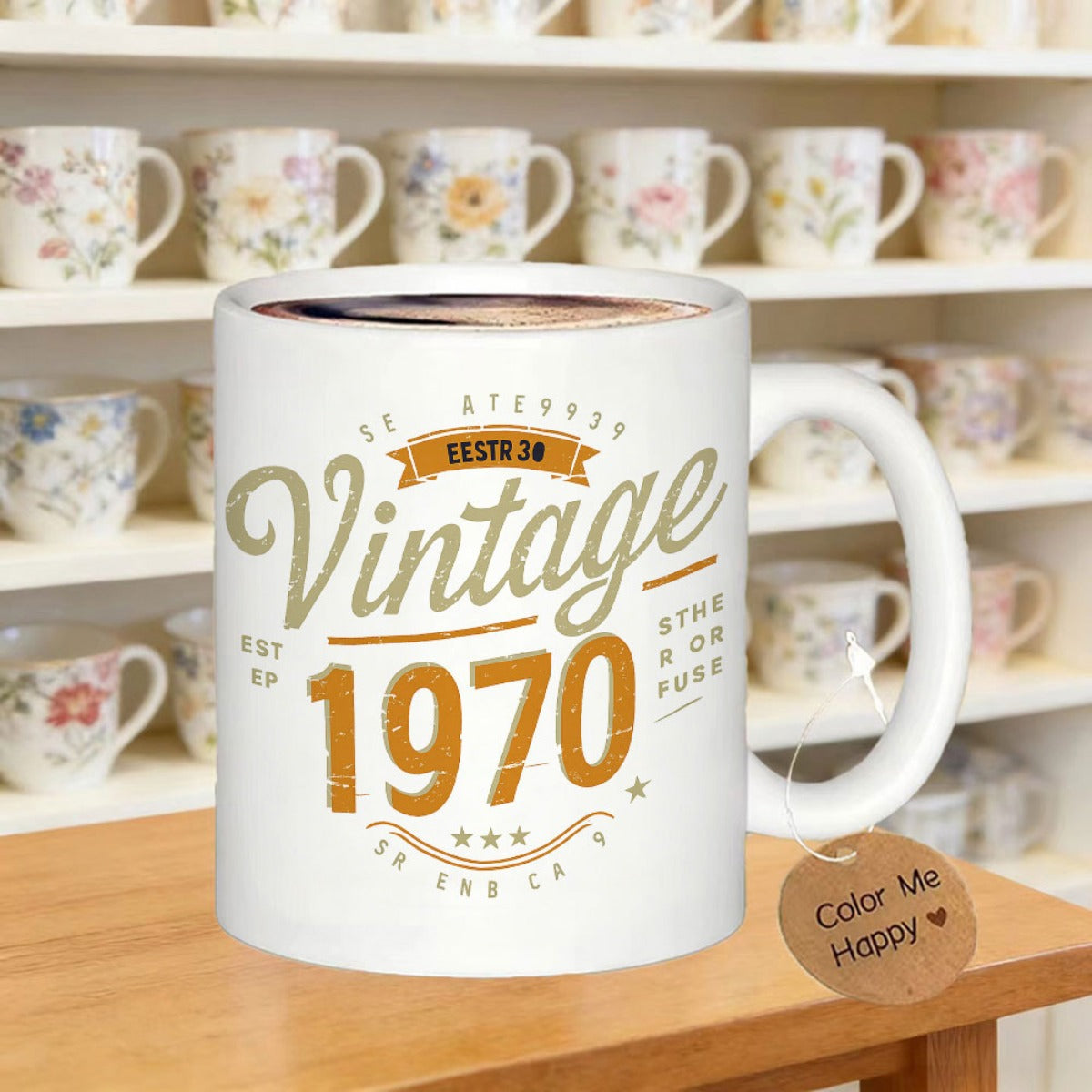 Tailorly White Ceramic 11 oz Mug - Vintage 1970 Retro Distressed Typography Featuring Golden Stars And Artistic Layout Mug