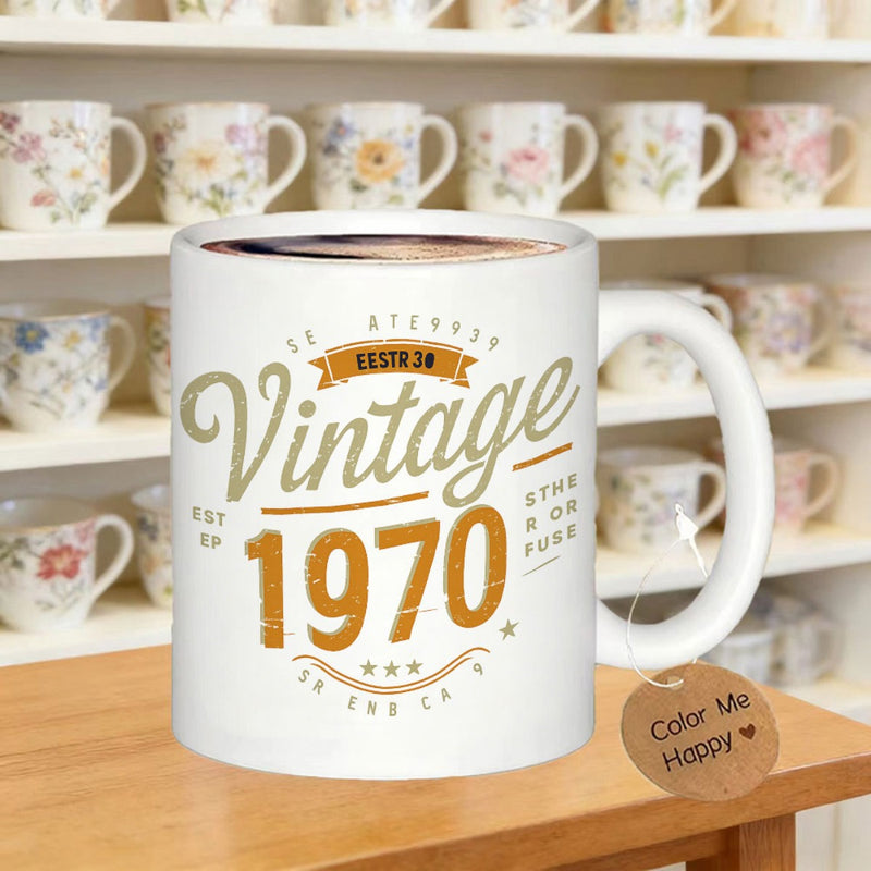 Tailorly White Ceramic 11 oz Mug - Vintage 1970 Retro Distressed Typography Featuring Golden Stars And Artistic Layout Mug