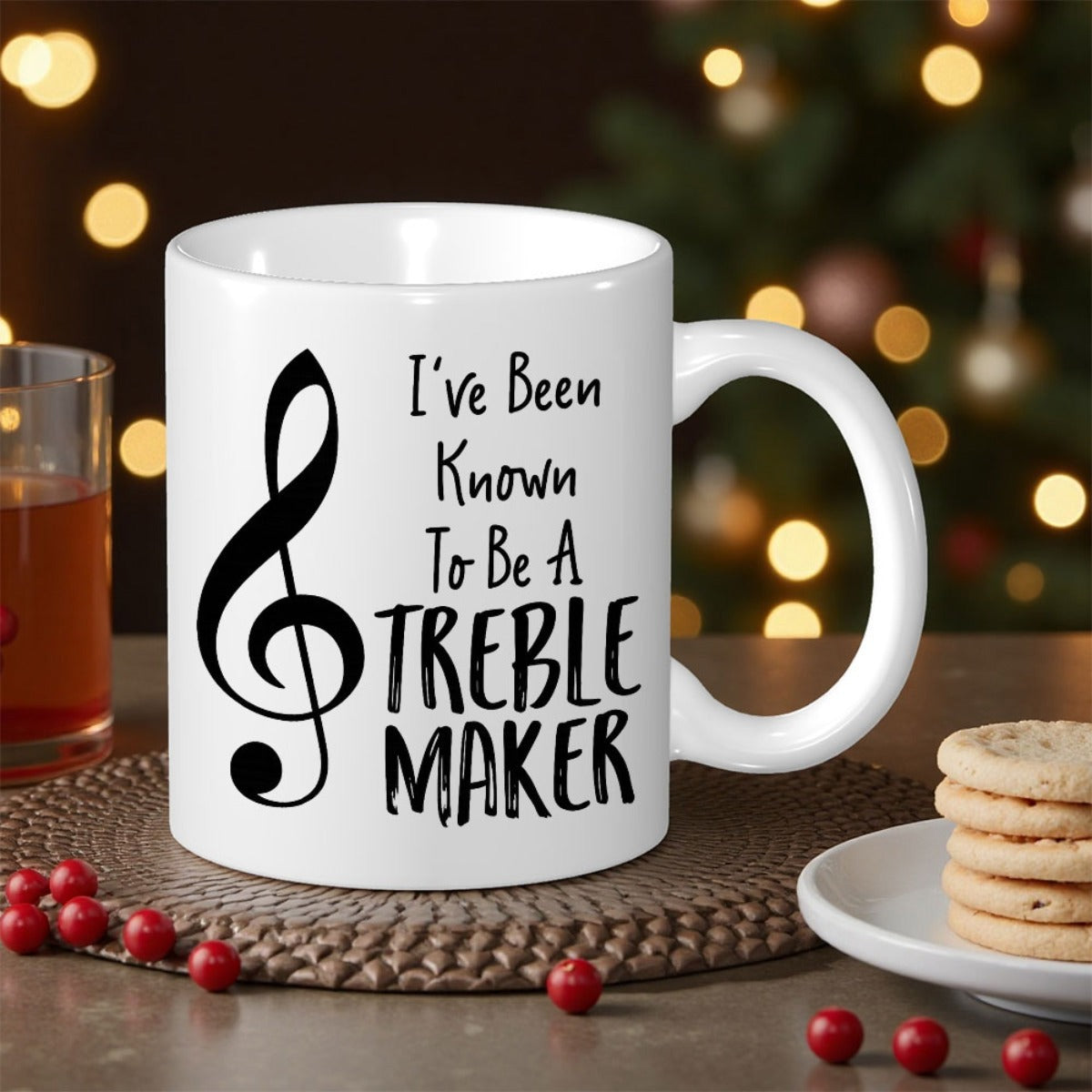 Tailorly White Ceramic 11 oz Mug - Ive Been Known To Be A Treble Maker Bold Black Treble Clef Symbol Beside Elegant Playful Artistic Handwritten Musical Script Mug