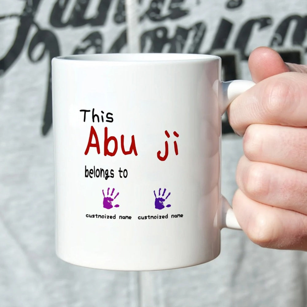 Tailorly White Ceramic 11 oz Mug - This Abu Ji Belongs To Two Tiny Purple Handprints Resting Neatly Below Large Red Artistic Script Mug