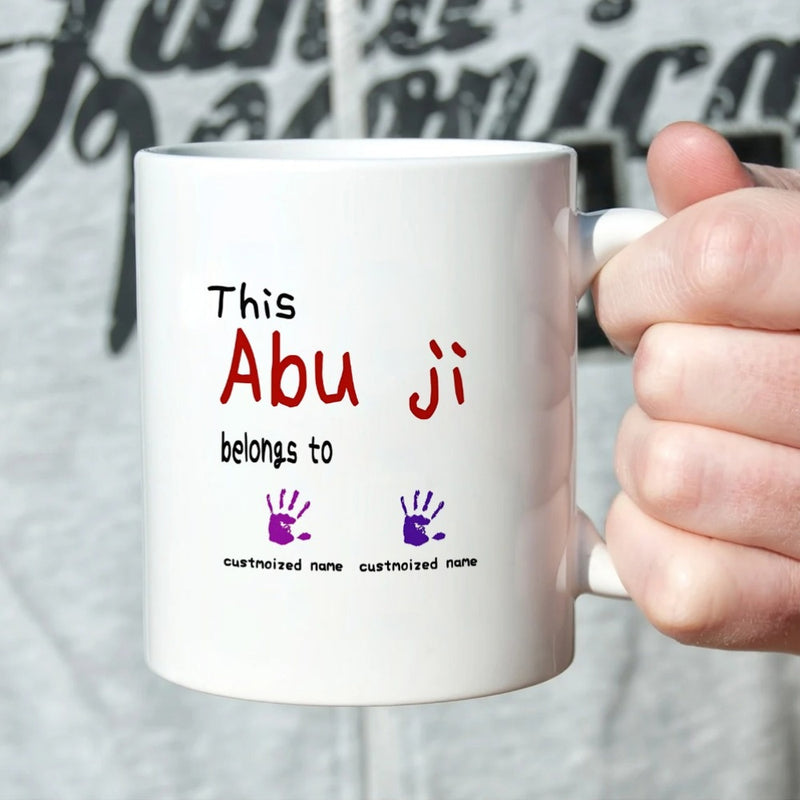 Tailorly White Ceramic 11 oz Mug - This Abu Ji Belongs To Two Tiny Purple Handprints Resting Neatly Below Large Red Artistic Script Mug