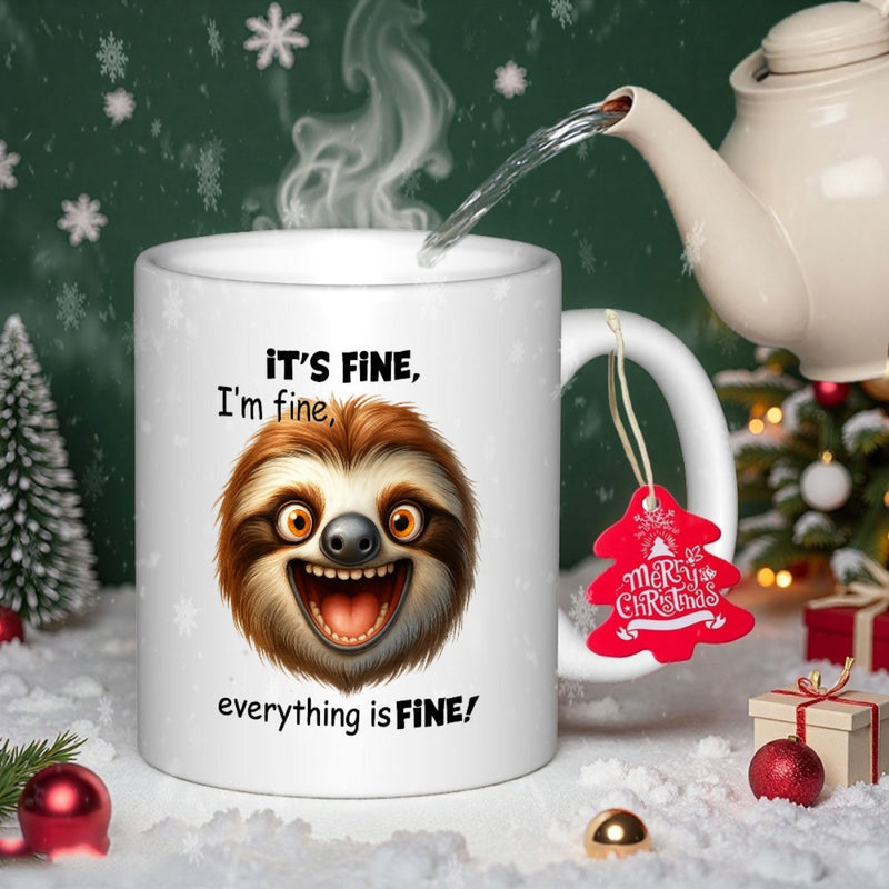 Tailorly White Ceramic 11 oz Mug - Its Fine Im Fine Everything Is Fine Funny Cartoon Sloth Head Showing Joyful And Energetic Facial Features Sloth