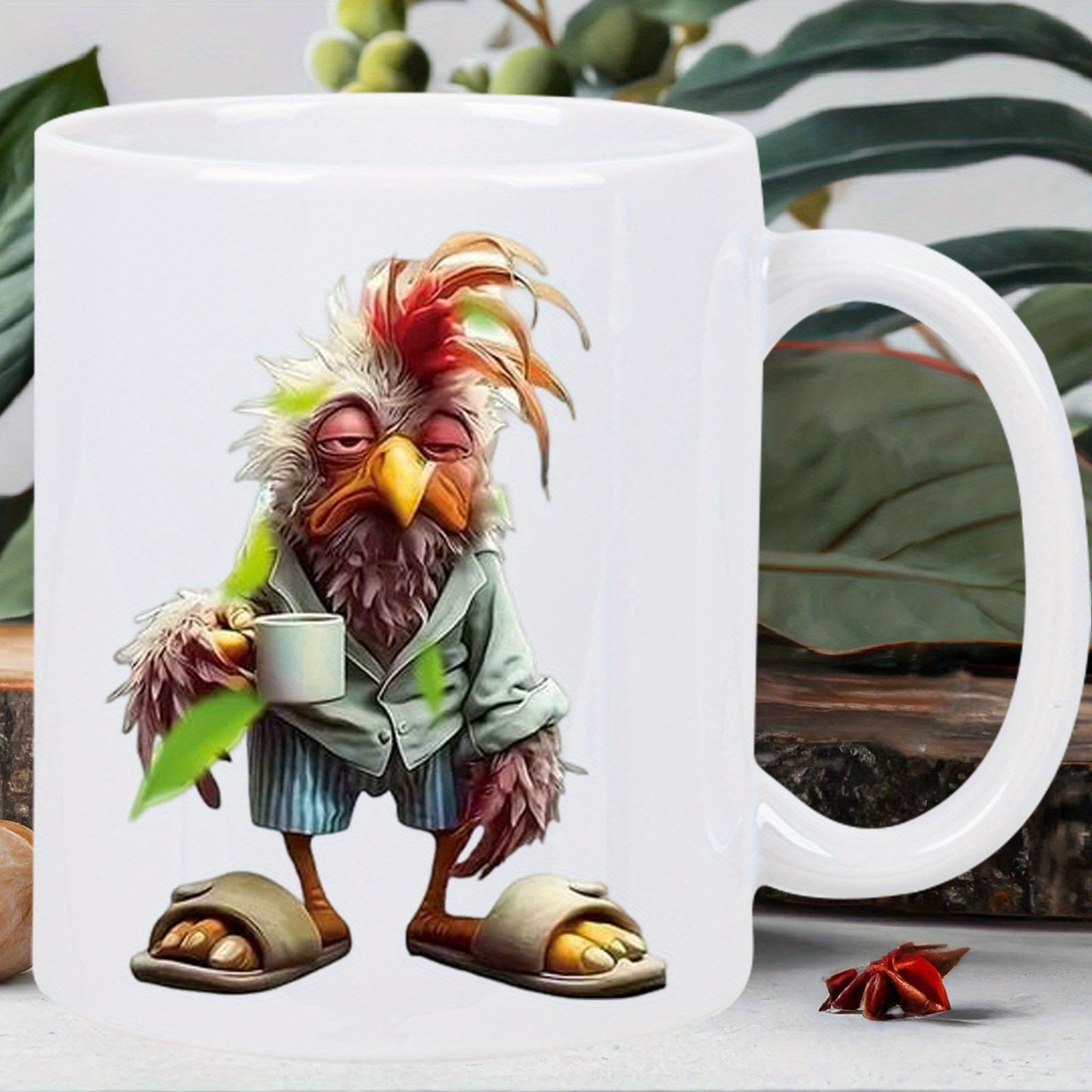 Tailorly White Ceramic 11 oz Mug - Messy Morning Rooster Wearing Blue Pajamas Holding Coffee And Slippers Rooster