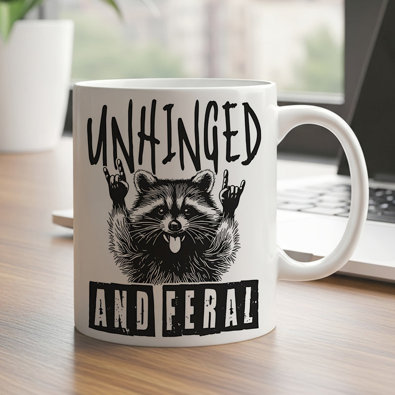 Tailorly White Ceramic 11 oz Mug - Unhinged And Feral Distressed Black And White Sketch Showing A Rock On Hand Gesture Raccoon