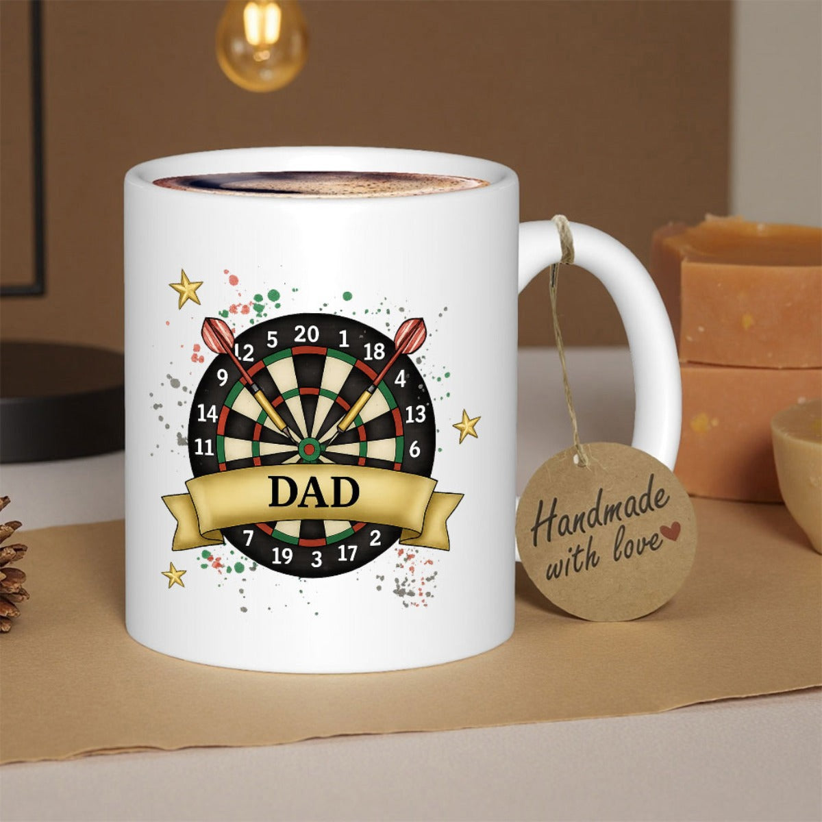 Tailorly White Ceramic 11 oz Mug - Dad Professional Circular Board With Sharp Darts And Glowing Golden Banner Dartboard