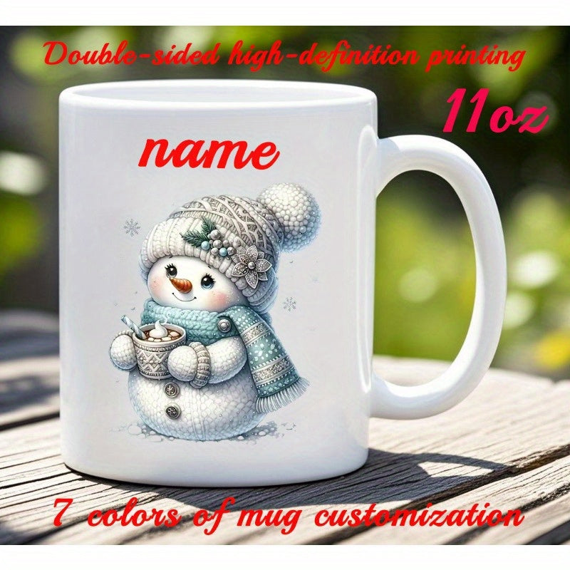 Tailorly White Ceramic 11 oz Mug - Name Adorable Winter Character Wearing Knitted Scarf Hat Holding Warm Cocoa Snowman
