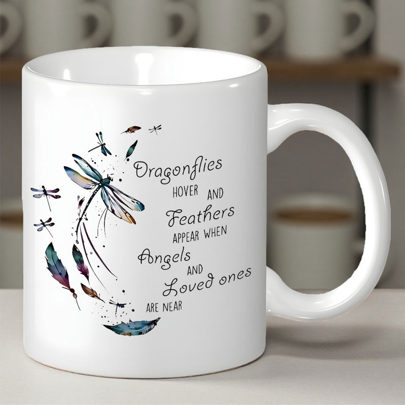 Tailorly White Ceramic 11 oz Mug - Dragonflies Hover And Feathers Appear When Angels And Loved Ones Are Near Delicate Watercolor Wings With Floating Soft Feathers
