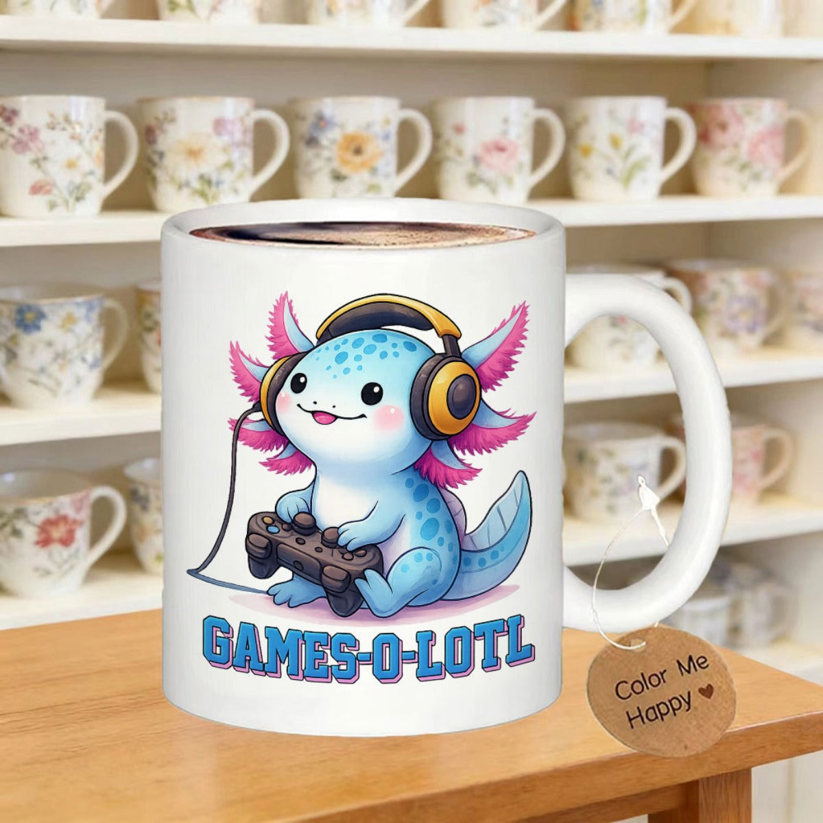 Tailorly White Ceramic 11 oz Mug - Games O Lotl Adorable Pink And Blue Character Playing Games With Handheld Controller Axolotl