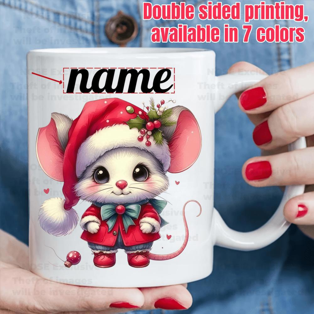 Tailorly White Ceramic 11 oz Mug - Name Adorable Festive Tiny Christmas Creature Wearing Red Hat And Winter Jacket Mouse