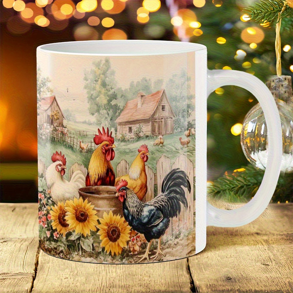 Tailorly White Ceramic 11 oz Mug - Rustic Farmhouse Scene With Roosters And Sunflowers In The Countryside Rooster