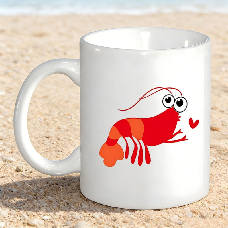 Tailorly White Ceramic 11 oz Mug - Cute Little Red Crustacean Swimming Happily Beside A Tiny Love Heart Shrimp