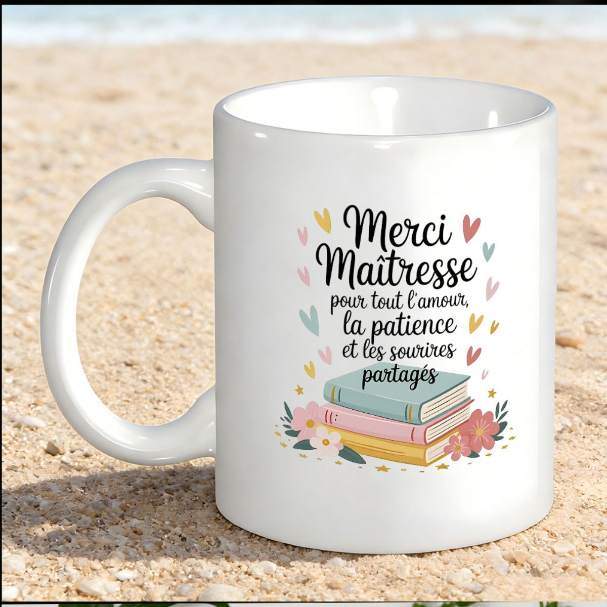 Tailorly White Ceramic 11 oz Mug - Pastel Stacked Textbooks With Colorful Hearts And Delicate Floral Arrangements Book