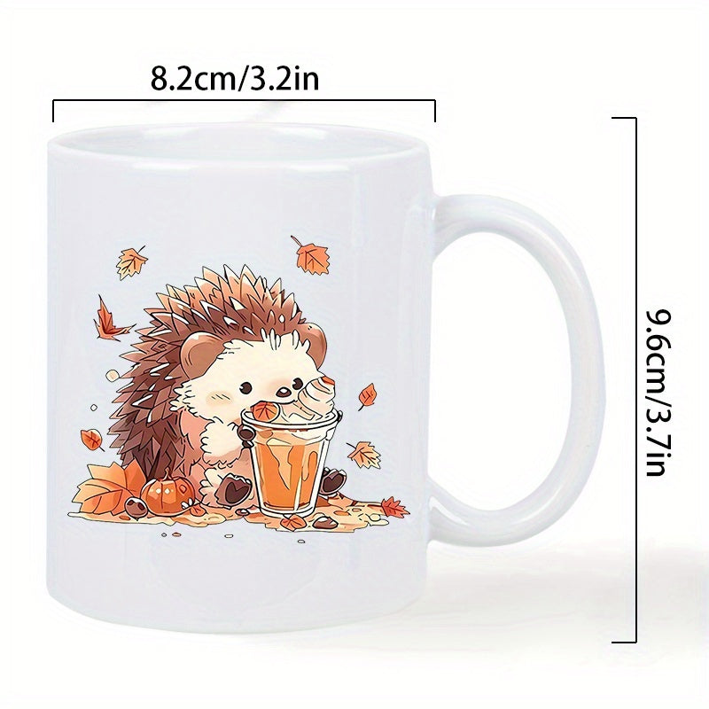 Tailorly White Ceramic 11 oz Mug - Adorable Small Animal Surrounded By Falling Golden Autumn Leaves Holding Snack Hedgehog