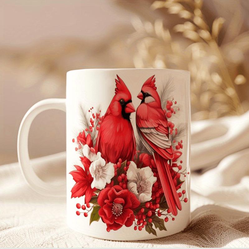 Tailorly White Ceramic 11 oz Mug - Two Vivid Red Birds Perched Among Elegant Floral Winter Blossoms Cardinal