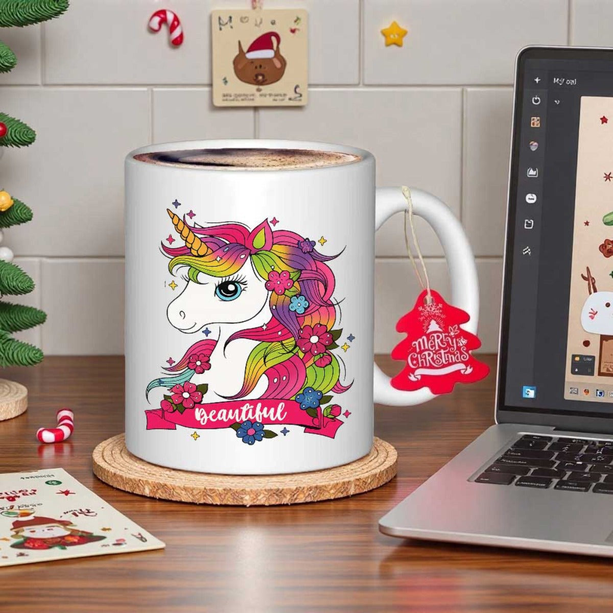 Tailorly White Ceramic 11 oz Mug - Beautiful Majestic Colorful Rainbow Mane Surrounded By Vibrant Flowers And Ribbon Unicorn