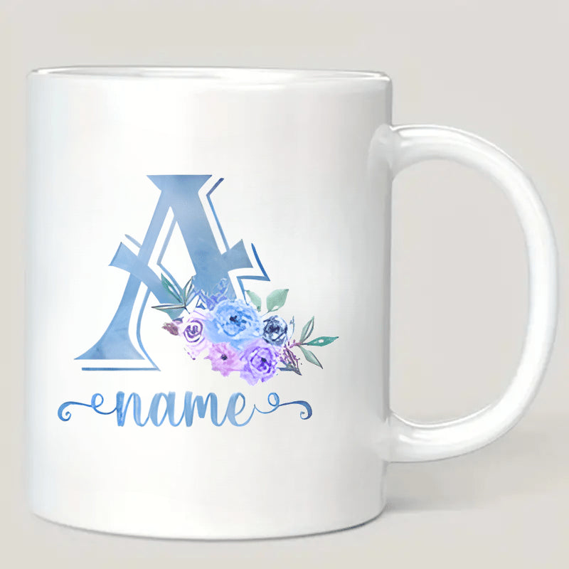 Tailorly White Ceramic 11 oz Mug - Name Watercolor Blue Artistic Letter Surrounded By Soft Purple And Blue Blossoms Letter