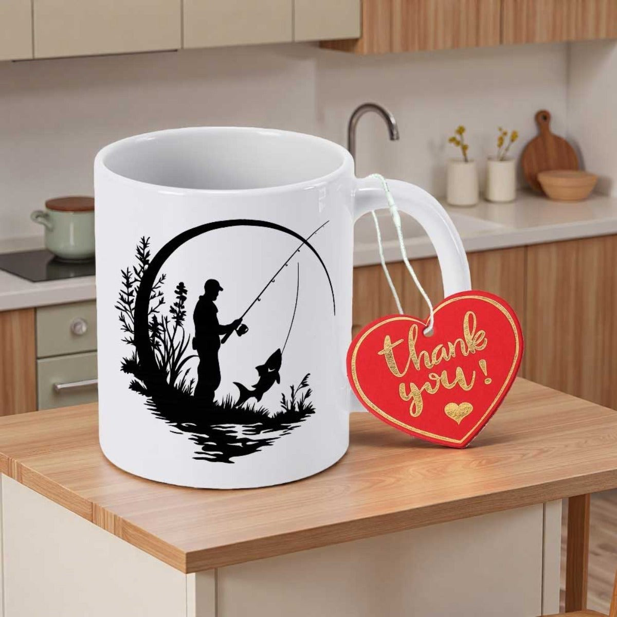 Tailorly White Ceramic 11 oz Mug - Thank You Serene Silhouette Of A Man Catching Large Jumping Fish Fisherman