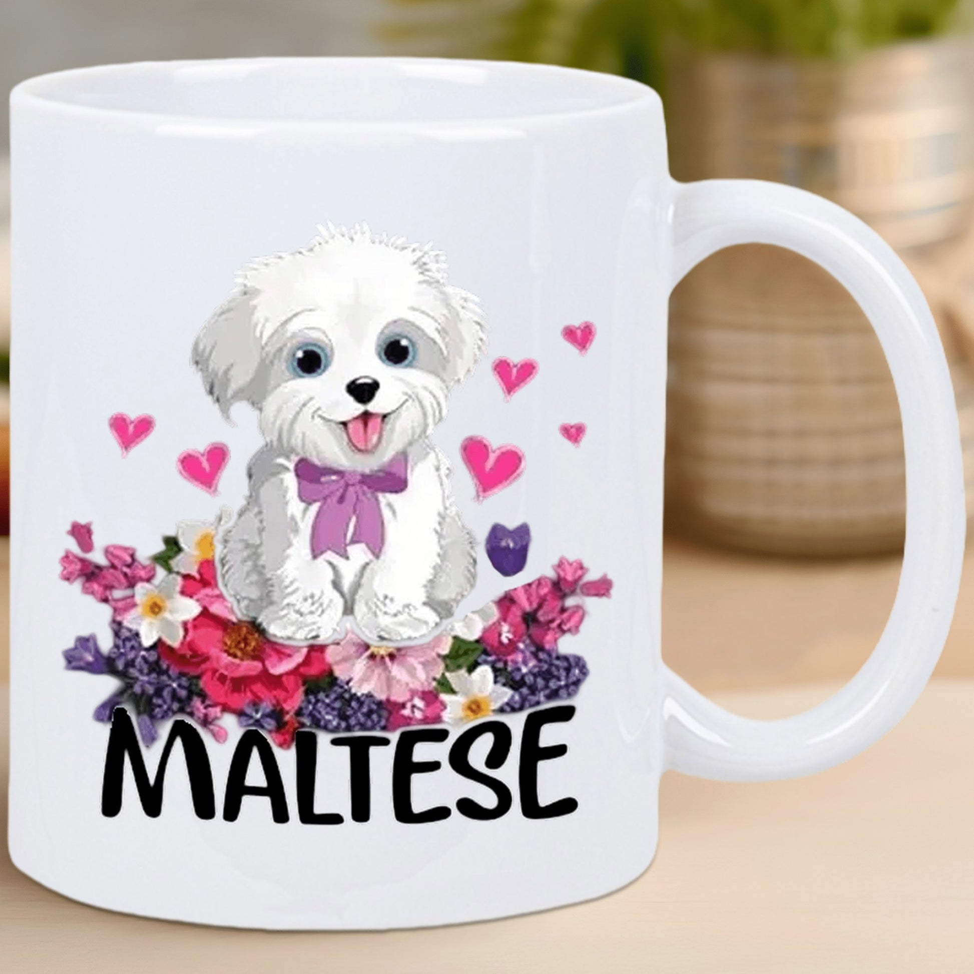 Tailorly White Ceramic 11 oz Mug - Maltese Sitting Among Vibrant Colorful Spring Flowers With Floating Pink Hearts Dog
