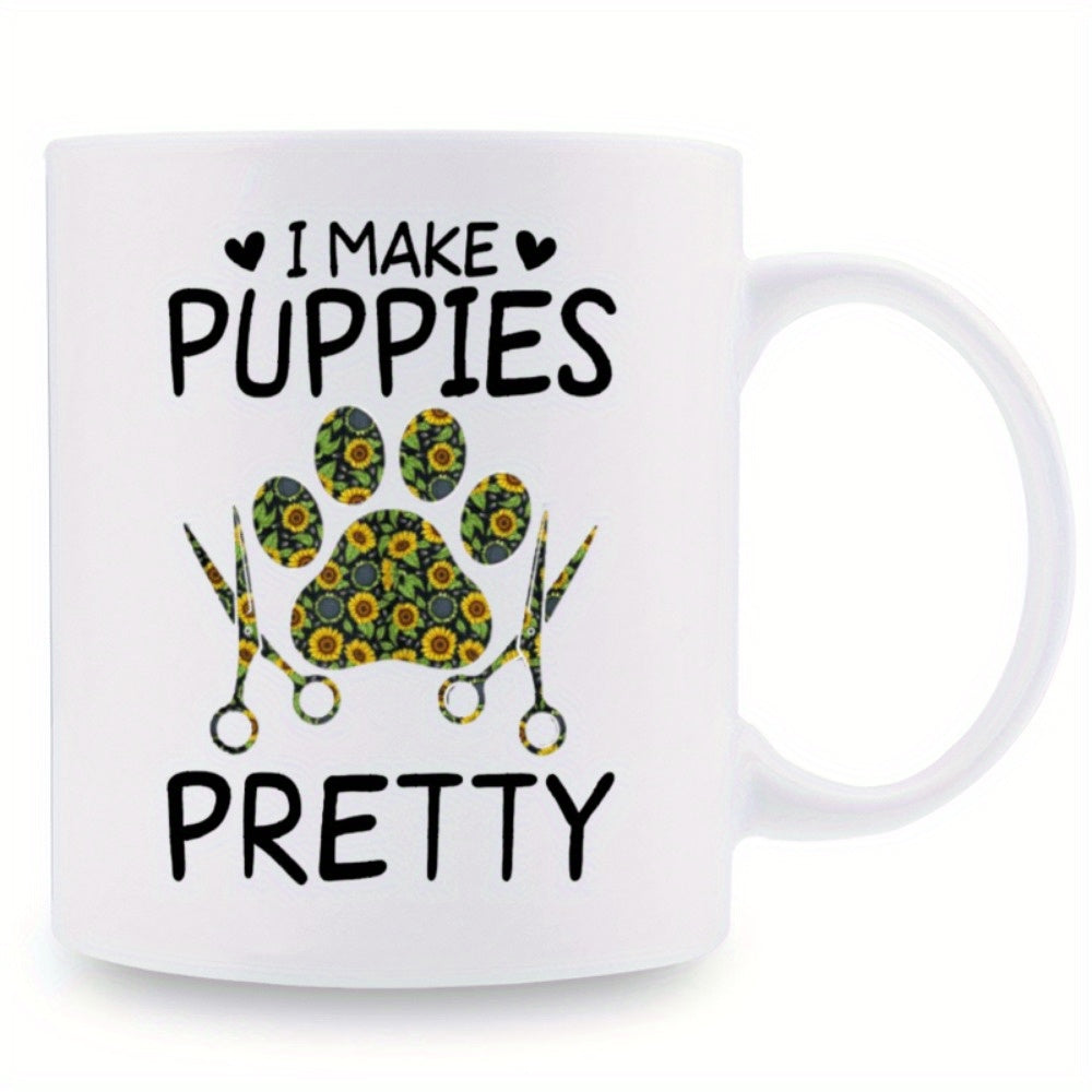 Tailorly White Ceramic 11 oz Mug - I Make Puppies Pretty Floral Sunflower Pattern Inside A Grooming Scissors Paw