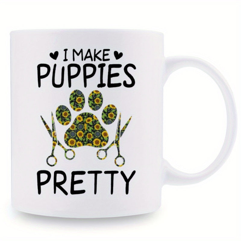 Tailorly White Ceramic 11 oz Mug - I Make Puppies Pretty Floral Sunflower Pattern Inside A Grooming Scissors Paw