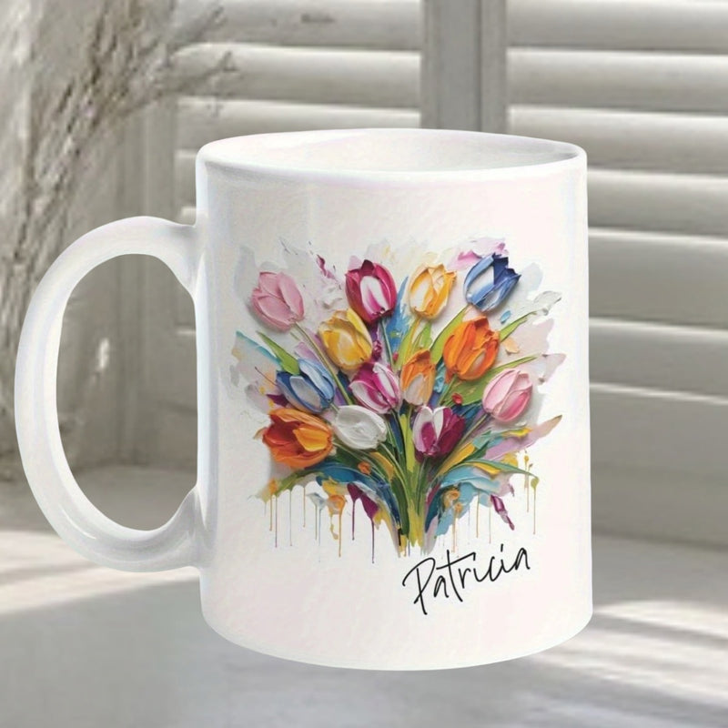 Tailorly White Ceramic 11 oz Mug - Patricia Colorful Artistic Watercolor Bouquet Blooming Among Soft Textures And Vibrant Splashes Tulip