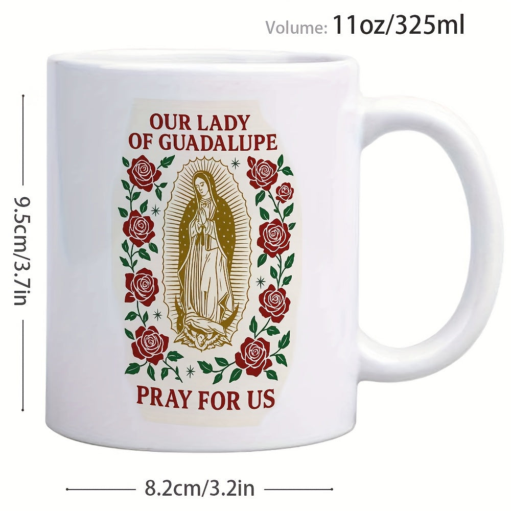 Tailorly White Ceramic 11 oz Mug - Our Lady Of Guadalupe Pray For Us Traditional Sacred Icon Encircled By Red Floral Rose Garden Virgin