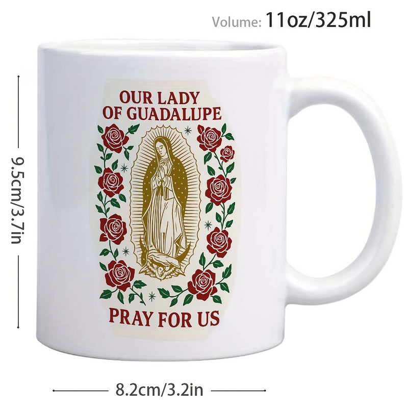 Tailorly White Ceramic 11 oz Mug - Our Lady Of Guadalupe Pray For Us Traditional Sacred Icon Encircled By Red Floral Rose Garden Virgin