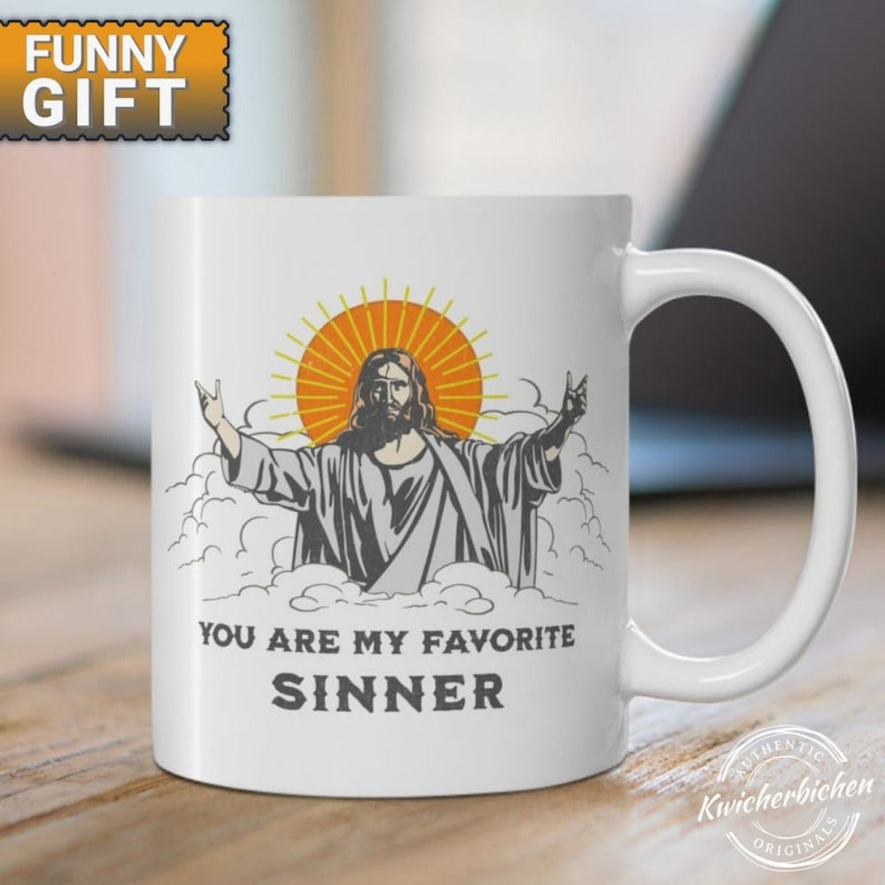 Tailorly White Ceramic 11 oz Mug - You Are My Favorite Sinner Spreading Arms Among Clouds Under Radiant Golden Sun Jesus
