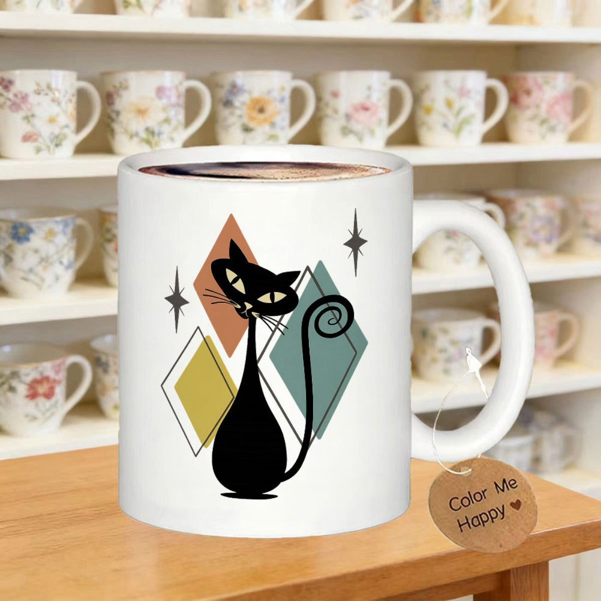 Tailorly White Ceramic 11 oz Mug - Mid Century Modern Atomic Style Featuring Colorful Diamonds And A Stylized Black Cat