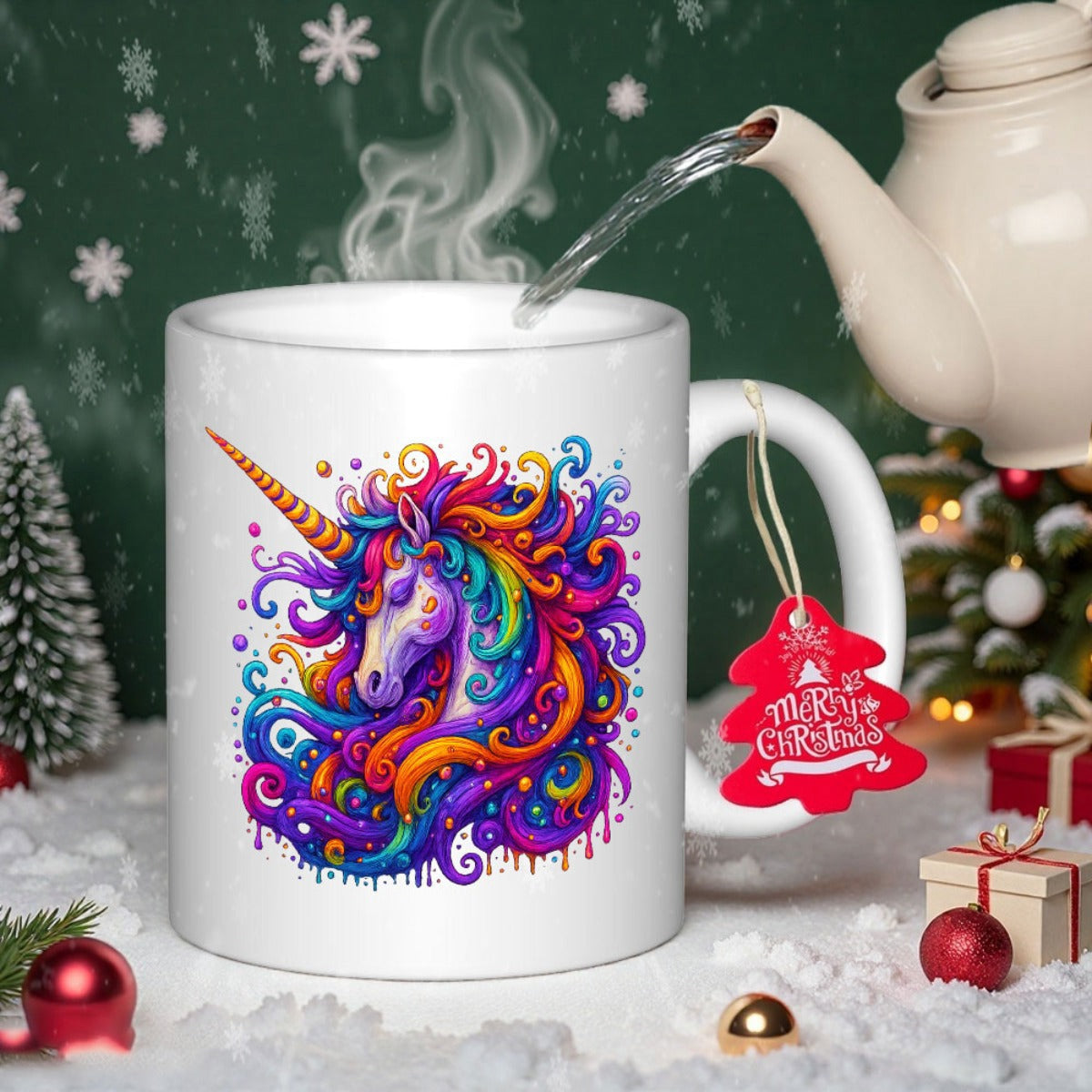 Tailorly White Ceramic 11 oz Mug - Vibrant Colorful Rainbow Mane With Swirling Magical Patterns And Golden Horn Unicorn