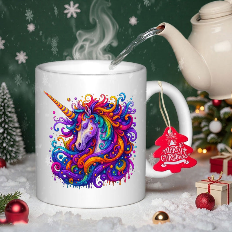 Tailorly White Ceramic 11 oz Mug - Vibrant Colorful Rainbow Mane With Swirling Magical Patterns And Golden Horn Unicorn