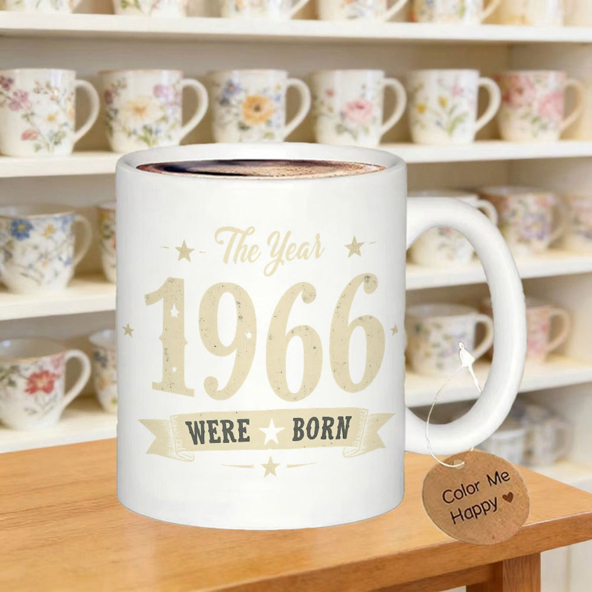 Tailorly White Ceramic 11 oz Mug - The Year 1966 Were Born White Ceramic Material With Distressed Vintage Lettering And Decorative Stars Ribbon Mug