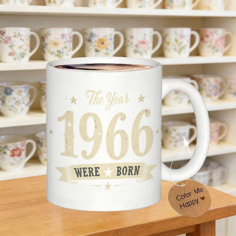 Tailorly White Ceramic 11 oz Mug - The Year 1966 Were Born White Ceramic Material With Distressed Vintage Lettering And Decorative Stars Ribbon Mug