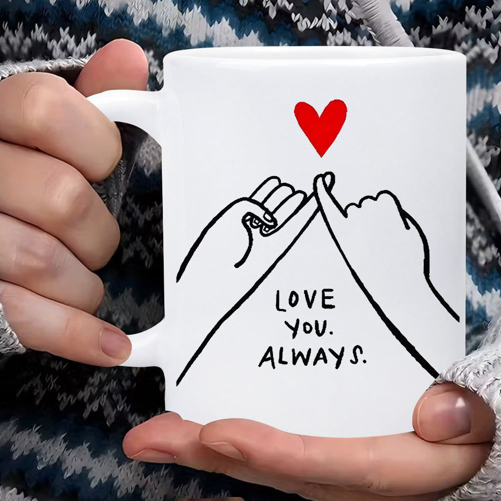 Tailorly White Ceramic 11 oz Mug - Love You Always Minimalist Hand Drawn Pinky Swear Line Art With Red Heart Hands