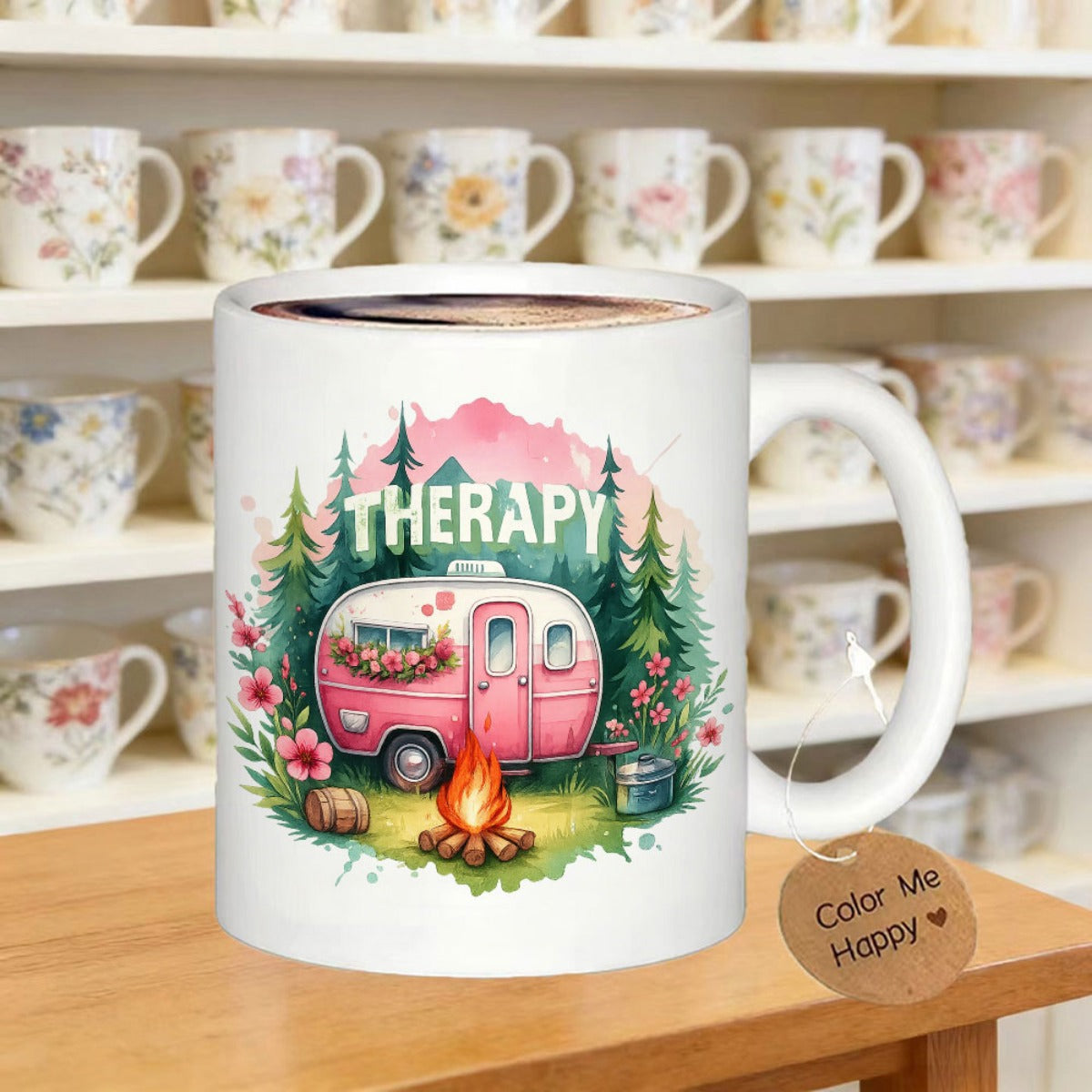 Tailorly White Ceramic 11 oz Mug - Therapy Vintage Pink Caravan Nestled Among Pine Trees Beside A Warm Campfire Camper