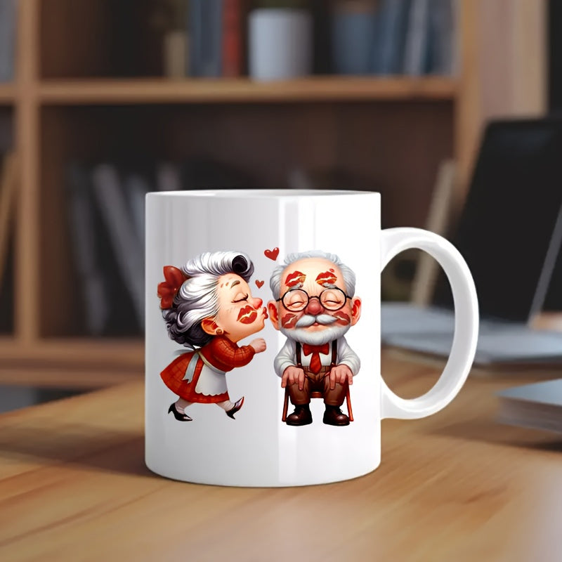 Tailorly White Ceramic 11 oz Mug - Adorable Cartoon Grandmother Kissing Smiling Grandfather With Floating Little Red Hearts Couple