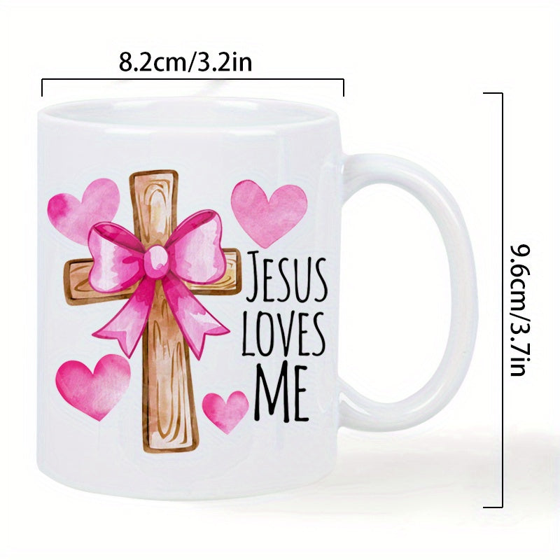 Tailorly White Ceramic 11 oz Mug - Jesus Loves Me Delicate Watercolor Wooden Cross With Pink Ribbon Bow And Hearts Cross