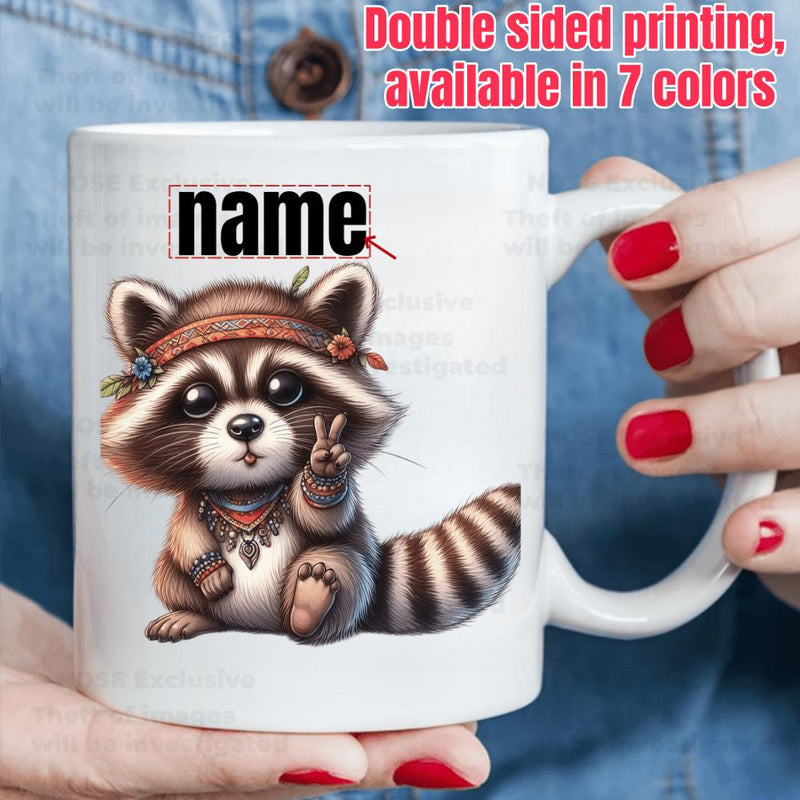 Tailorly White Ceramic 11 oz Mug - Name Adorable Cartoon Wearing Bohemian Headband Making Peace Sign With Striped Tail Raccoon