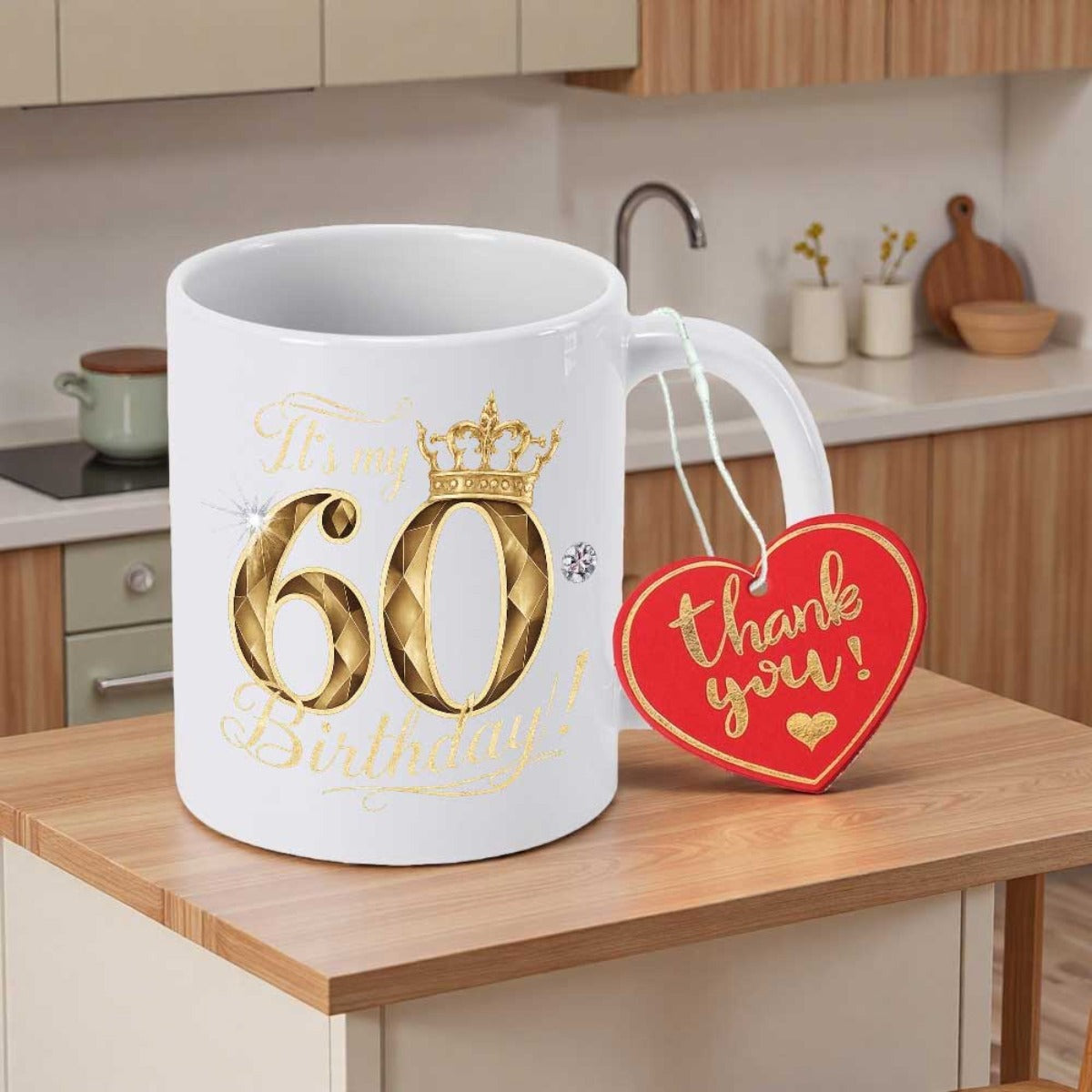 Tailorly White Ceramic 11 oz Mug - Happy 60th Birthday Thank You Golden Faceted Number Sixty Decorated With A Regal Crown
