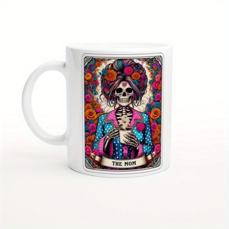 Tailorly White Ceramic 11 oz Mug - The Mom Vibrant Floral Crown With Colorful Sugar Skull Holding Steaming Coffee Skeleton
