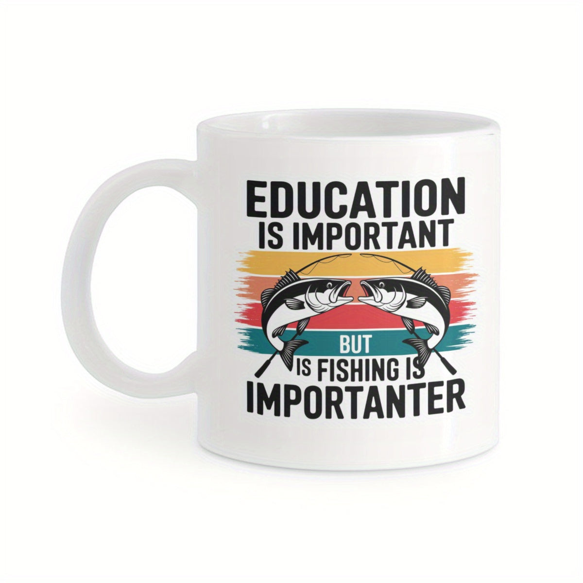 Tailorly White Ceramic 11 oz Mug - Education Is Important But Fishing Is Importanter Vintage Colorful Sunset With Jumping Fish Among Horizontal Retro Stripes Fish