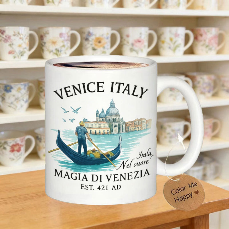 Tailorly White Ceramic 11 oz Mug - Venice Italy Est AD Peaceful Canal Scene Featuring Traditional Architecture Under Soaring Seagulls And Clear Sky Gondola