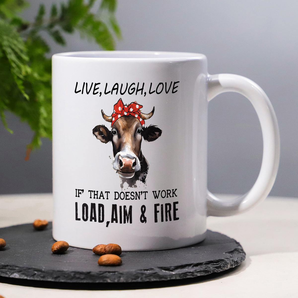 Tailorly White Ceramic 11 oz Mug - Live Laugh Love If That Doesn't Work Load Aim Fire Rustic Farmhouse Animal Wearing Vibrant Red Polka Dot Bandana Headband Cow