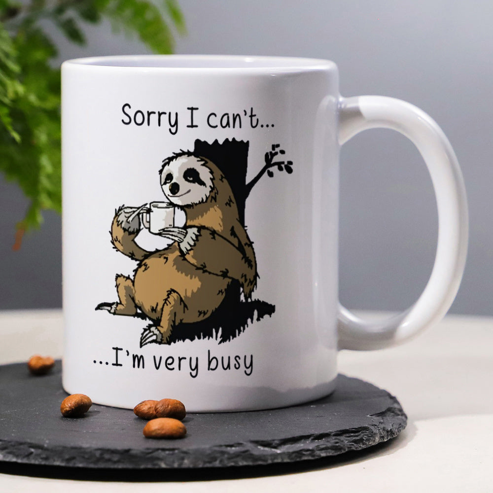 Tailorly White Ceramic 11 oz Mug - Sorry I Cant Im Very Busy Relaxed Cartoon Character Holding Coffee Mug Resting By Tree Sloth