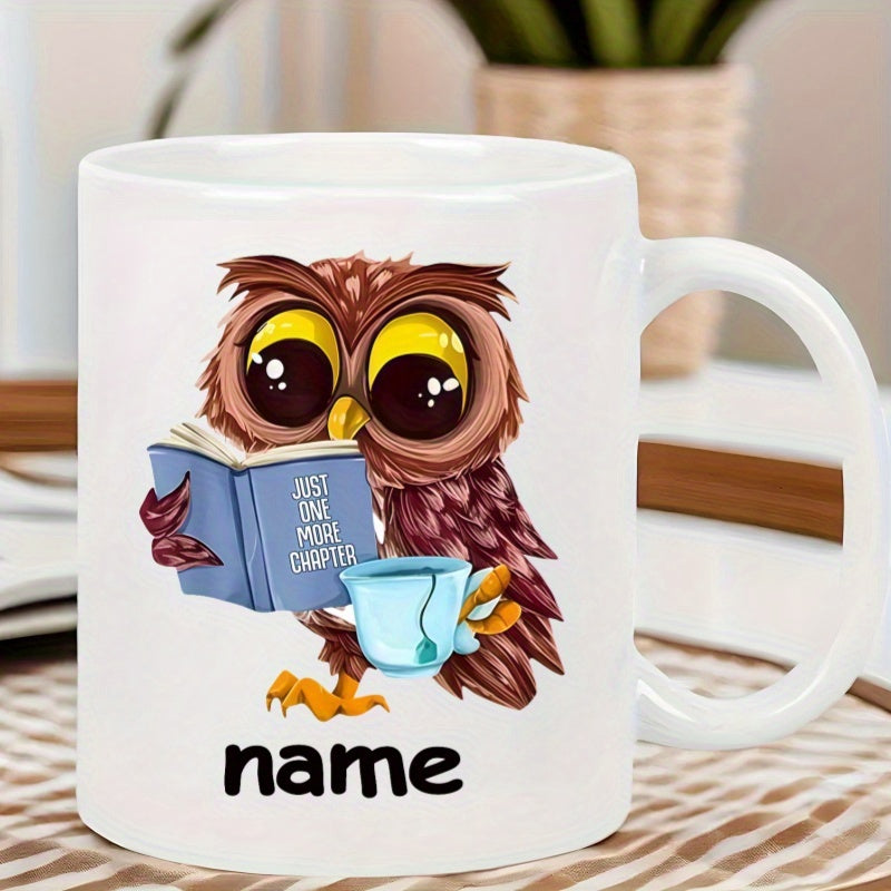 Tailorly White Ceramic 11 oz Mug - Just One More Chapter Brown Feathered Character Reading A Blue Book With Tea Owl