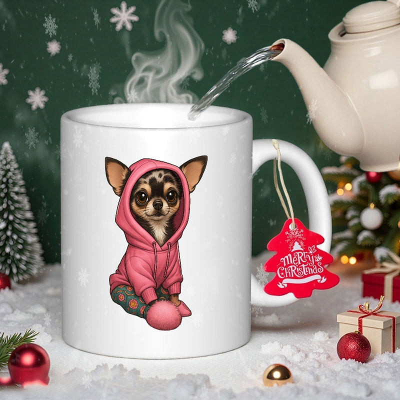 Tailorly White Ceramic 11 oz Mug - Cute Little Puppy Wearing Pink Hooded Sweater In Winter Snow Chihuahua
