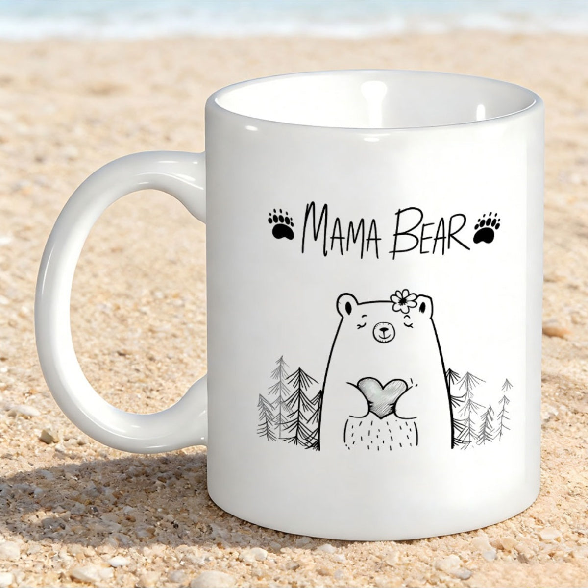 Tailorly White Ceramic 11 oz Mug - Mama Bear Cute Artistic Mother Bear Holding Heart Among Forest Pine Trees Bear