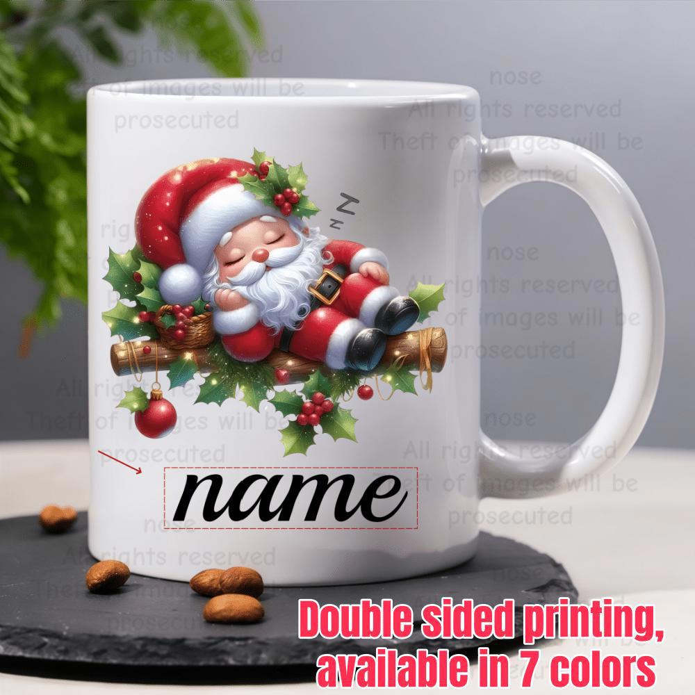 Tailorly White Ceramic 11 oz Mug - Name Cute Sleeping Santa Resting Peacefully On A Festive Log Santa